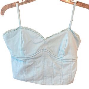 Tiger Mist Sz M Turquoise Bustier Boning Skinny Straps Cotton Ruffle Trim Top